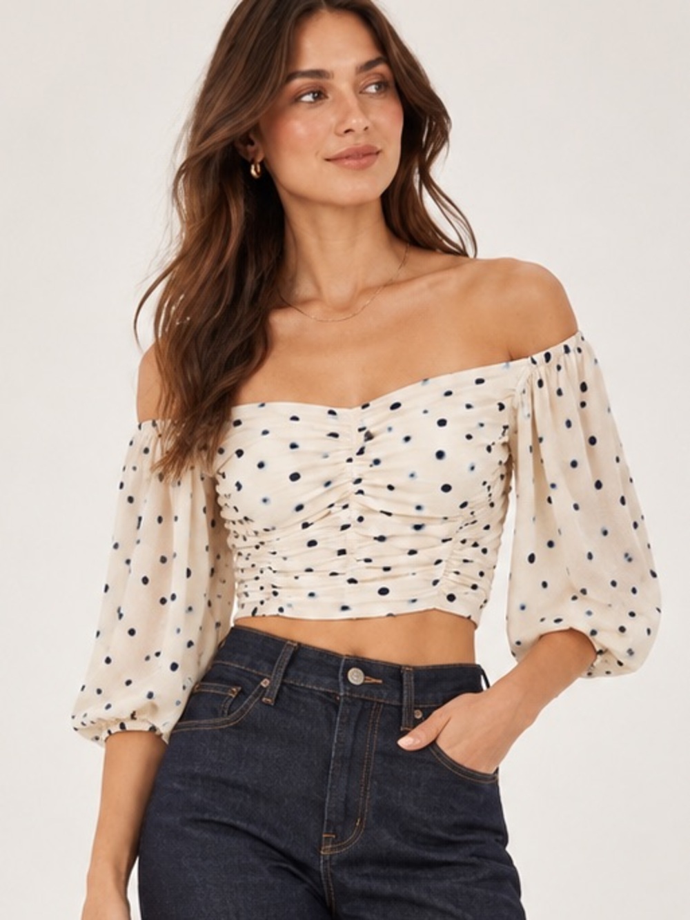 Wilfred Aritzia Ruched Off Shoulder Crop Top Cream Navy Polka Dot S